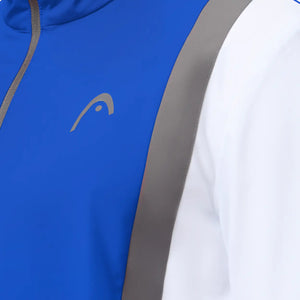 Detail van het Head Club 25 Jacket in Royal White - HEAD-logo, rits en grijze contrastbies van dichtbij