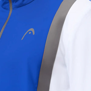 Detail van het Head Club 25 Jacket in Royal/White - HEAD-logo, rits en grijze contrastbies van dichtbij