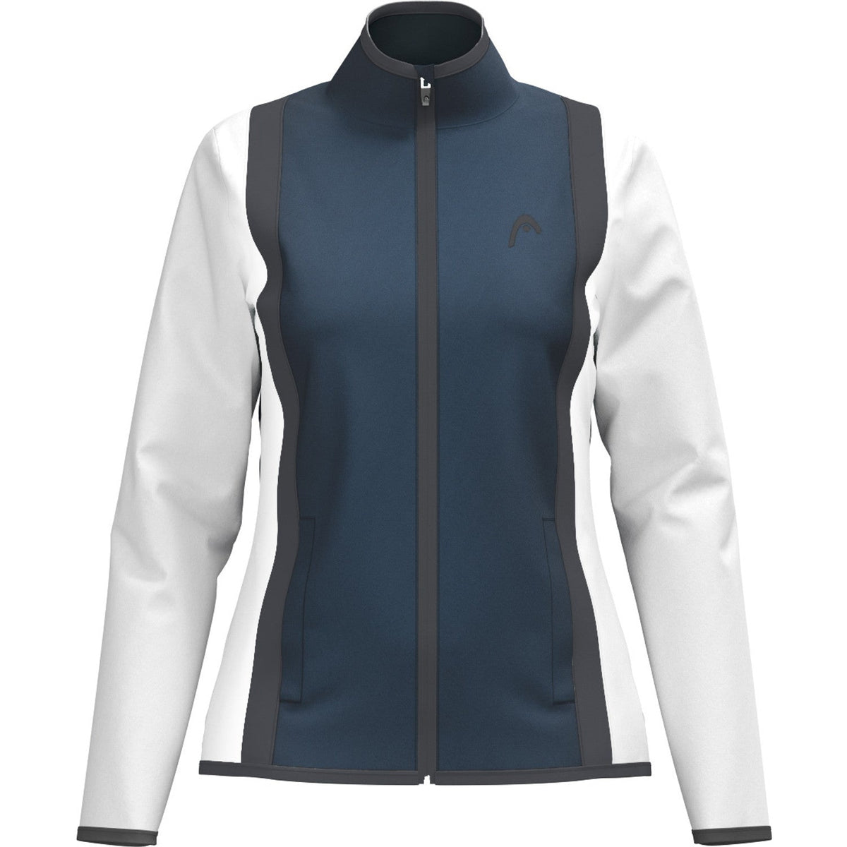 Head Club 25 jack voor dames in donkerblauw met witte mouwen, vooraanzicht met rits