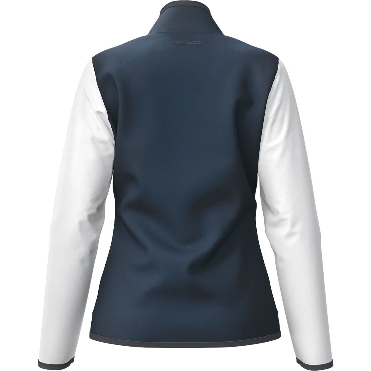 Achterzijde van het donkerblauwe Head Club 25 trainingsjack met witte mouwen