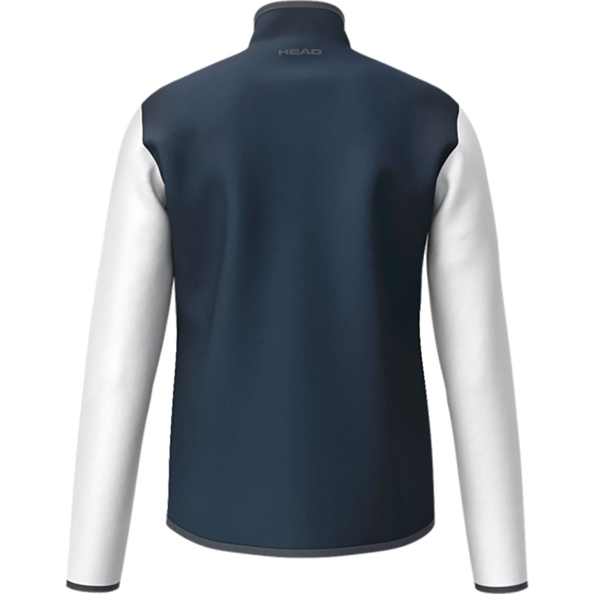 Achterzijde van het donkerblauwe Head Club 25 Jacket met witte mouwen en opstaande kraag