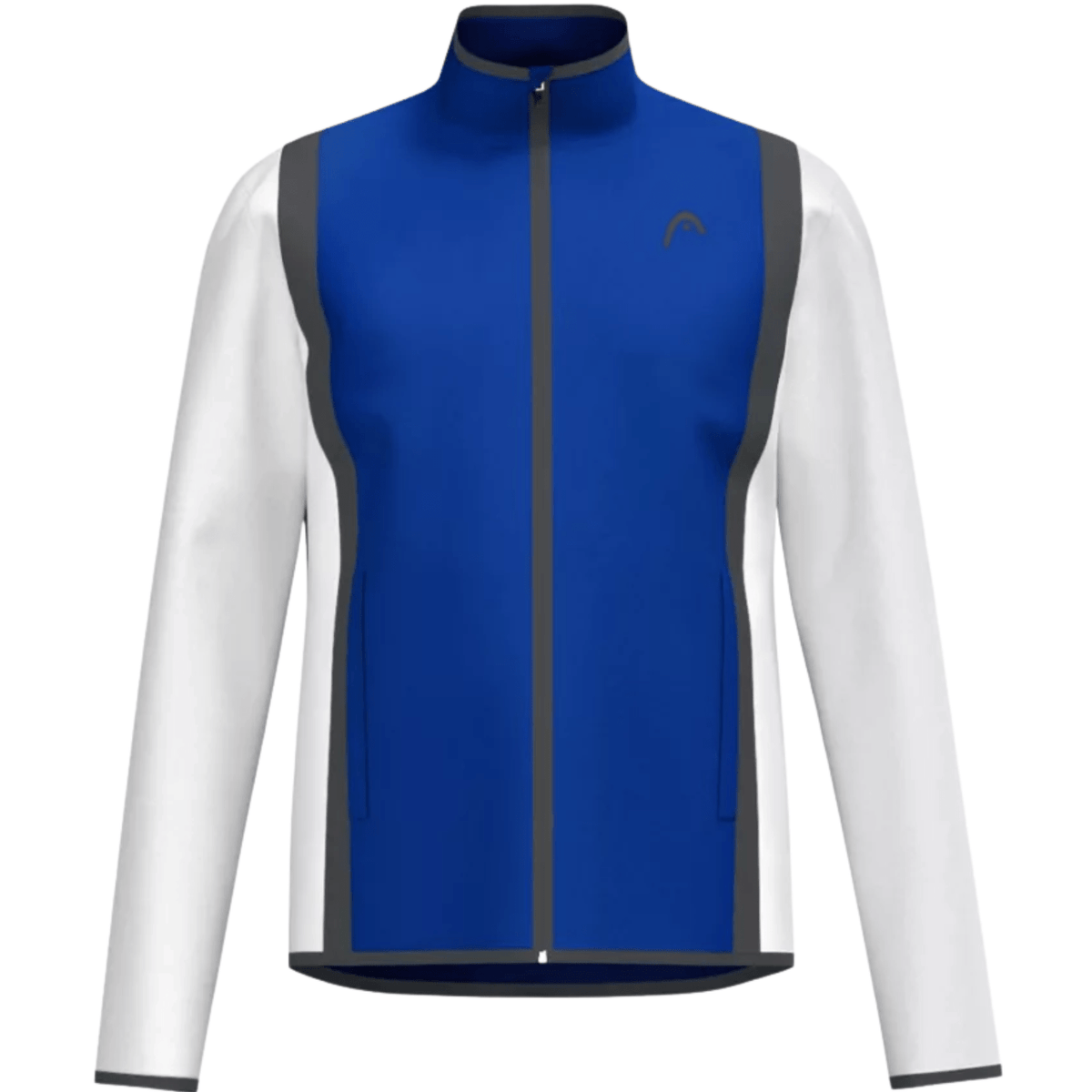 Vooraanzicht van het kobaltblauwe Head Club 25 Jacket met witte mouwen en grijze bies
