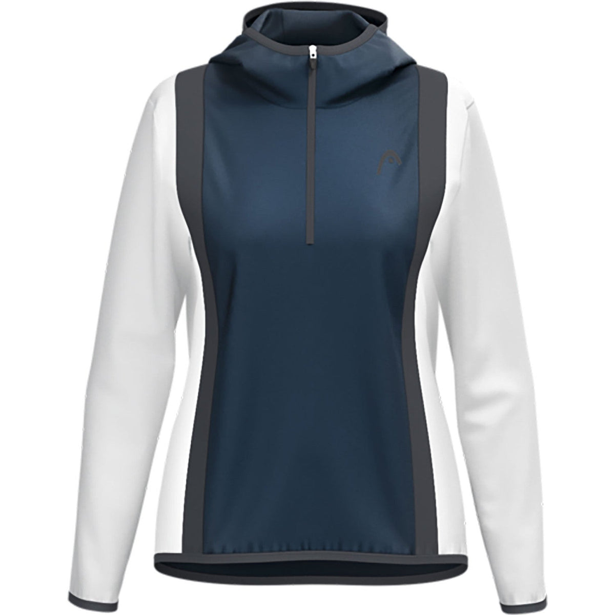 Vooraanzicht van de donkerblauwe Head Club 25 Tech Hoodie voor dames met witte mouwen