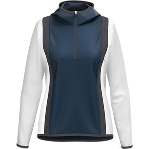 Vooraanzicht van de donkerblauwe Head Club 25 Tech Hoodie voor dames met witte mouwen