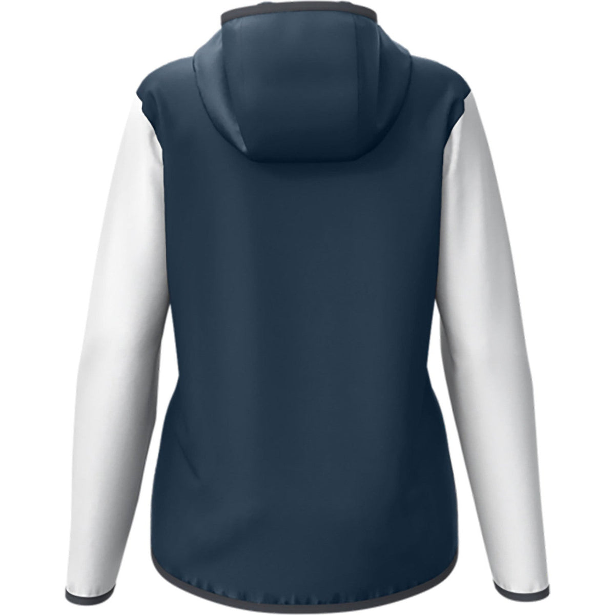 Achterzijde van de donkerblauwe Head Club 25 Tech Hoodie met capuchon en witte mouwen