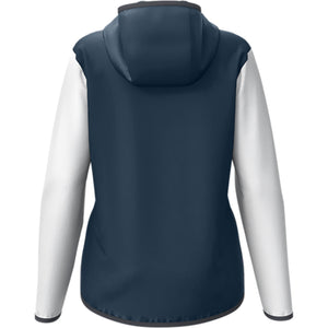 Achterzijde van de donkerblauwe Head Club 25 Tech Hoodie met capuchon en witte mouwen