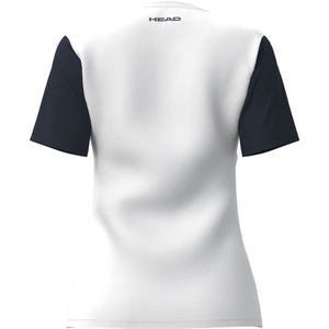 Achterzijde van het witte Head Club 25 damesshirt met donkerblauwe mouwen