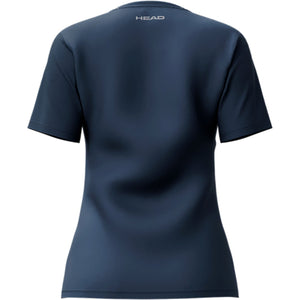 Achterzijde van het donkerblauwe Head Club 25 Tech T-shirt voor dames met HEAD-logo