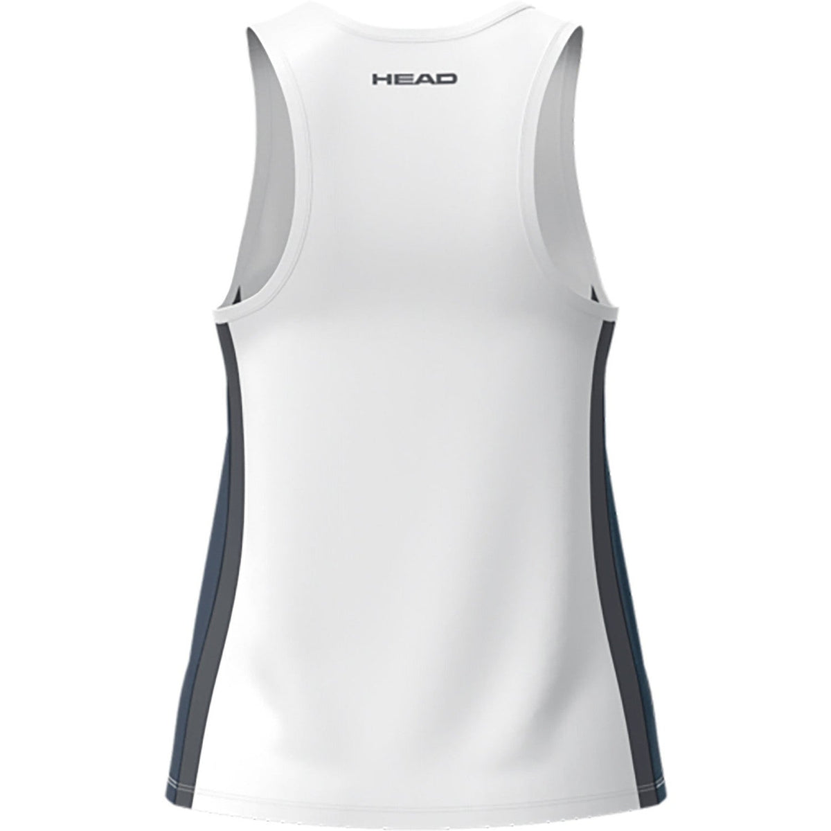 Achterzijde van de witte Head Club 25 Tech Tank Top met donkerblauwe zijbanen