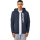 Model draagt de donkerblauwe Head Club Original Hoodie FZ met verticale HEAD-opdruk