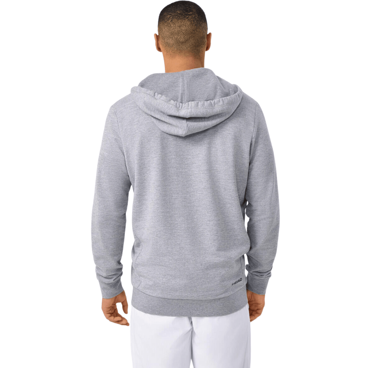 Achterzijde van het model in de grijs gemeleerde Head Club Original Hoodie FZ
