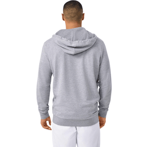 Achterzijde van het model in de grijs gemeleerde Head Club Original Hoodie FZ