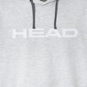 Detail van de Head Club Original Hoodie in Grijs - gedrukt HEAD-logo en capuchonkoord van dichtbij