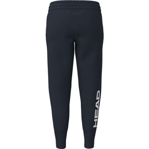Zijaanzicht van de donkerblauwe Head Club Original Pants W met HEAD-opdruk op de pijp