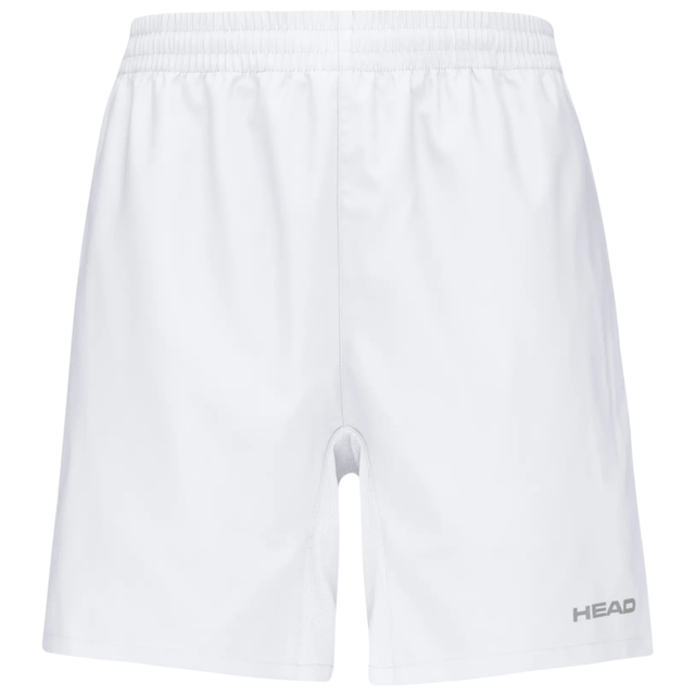 Vooraanzicht van de witte Head Club Shorts met grijs HEAD-logo op de rechterpijp
