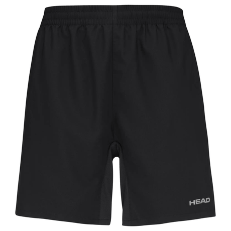 Vooraanzicht van de zwarte Head Club Shorts met wit HEAD-logo op de pijp