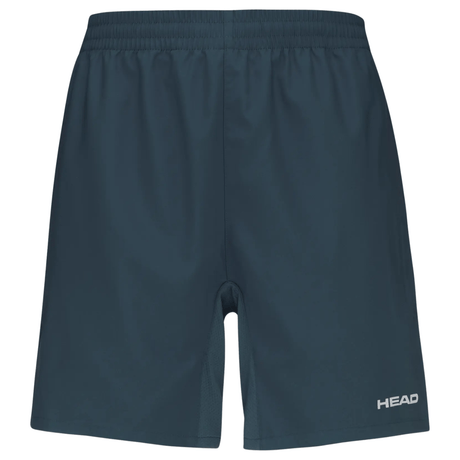 Vooraanzicht van de donkerblauwe Head Club Shorts met wit logo op de pijp