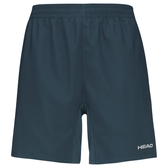 Vooraanzicht van de donkerblauwe Head Club Shorts met wit logo op de pijp