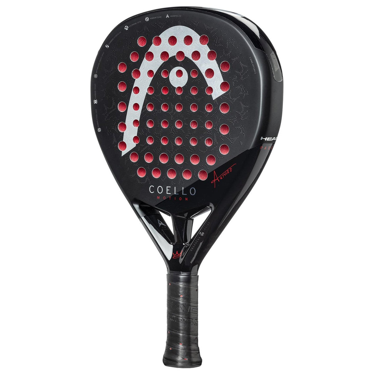 Head Coello Motion 2025 padelracket schuin vooraanzicht, diamantvorm in zwart met rode gaten