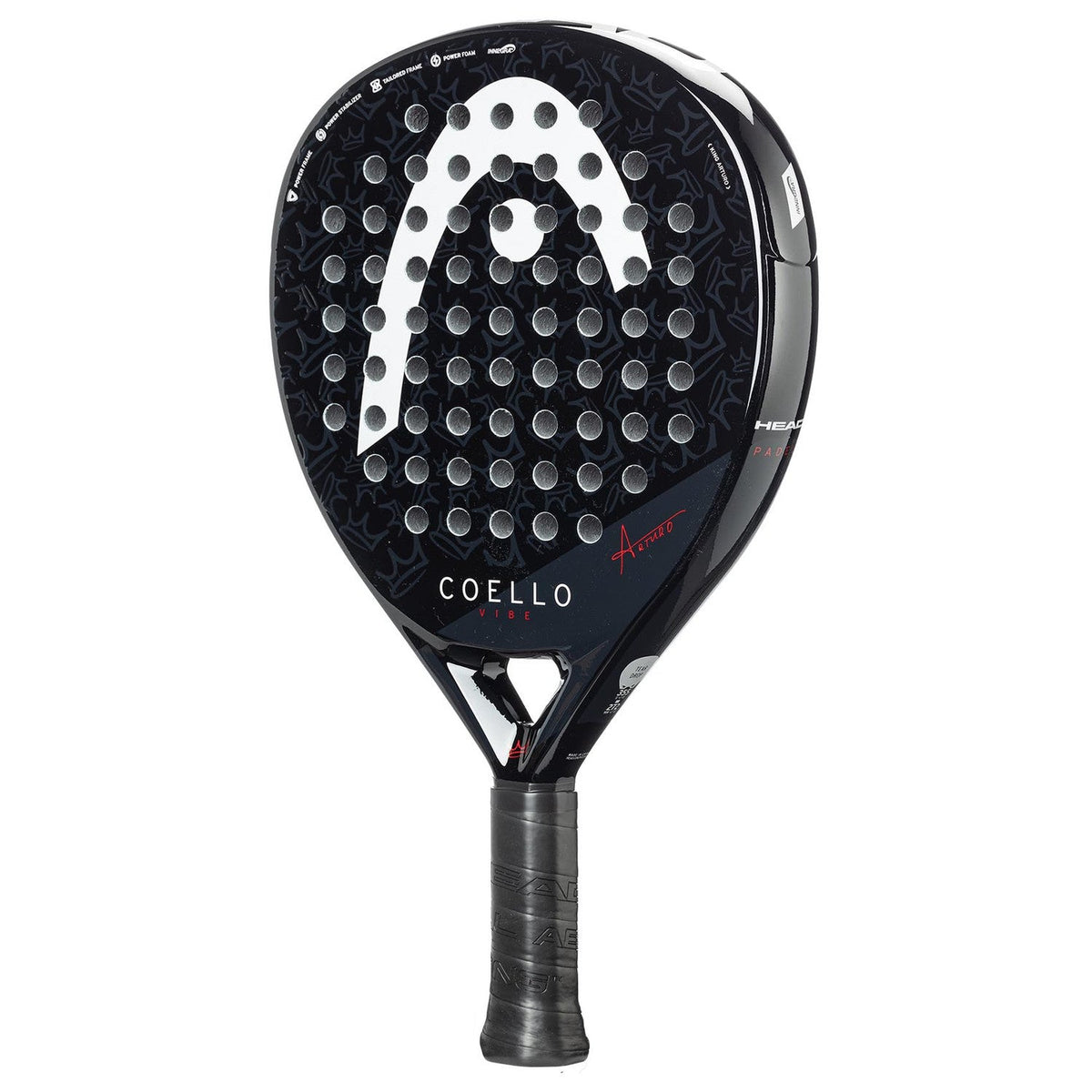Head Coello Vibe 2025 padelracket schuin vooraanzicht, druppelvorm in zwart met wit