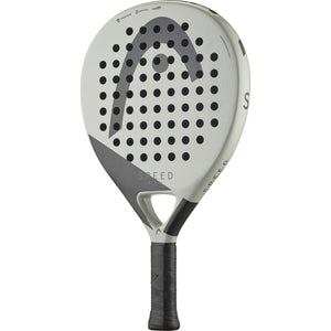 Head Evo Speed 2025 padelracket schuin vooraanzicht, druppelvorm in grijs met gebroken wit