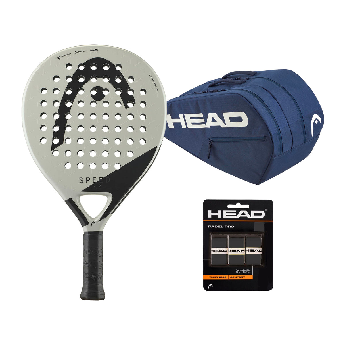 Head Evo Speed Bundle: Head Evo Speed 2025 padelracket, Head Racketbag Base M Navy en HEAD Padel Pro Overgrip Black