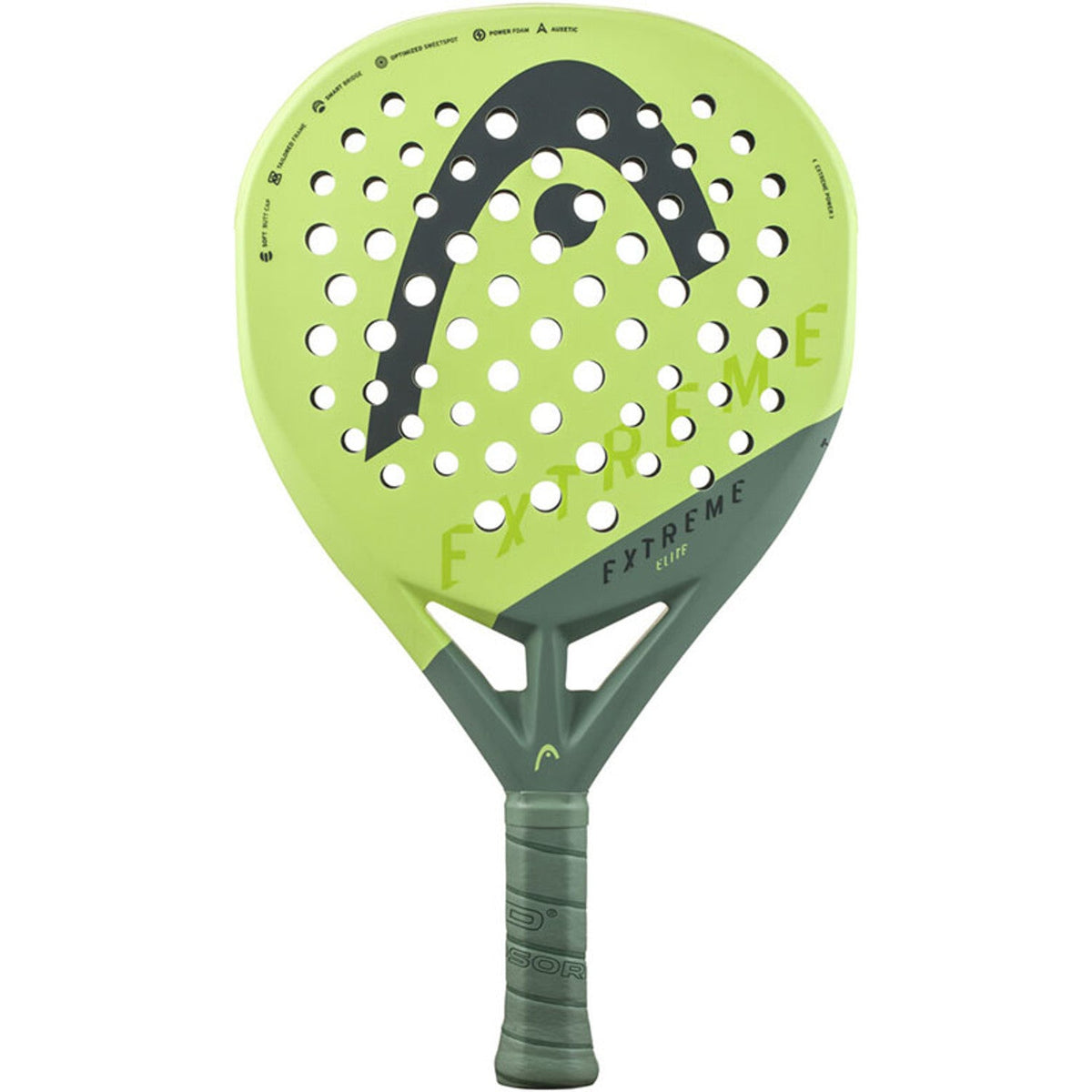 Head Extreme Elite 2023 padelracket in limegroen met grijs Head-logo, vooraanzicht