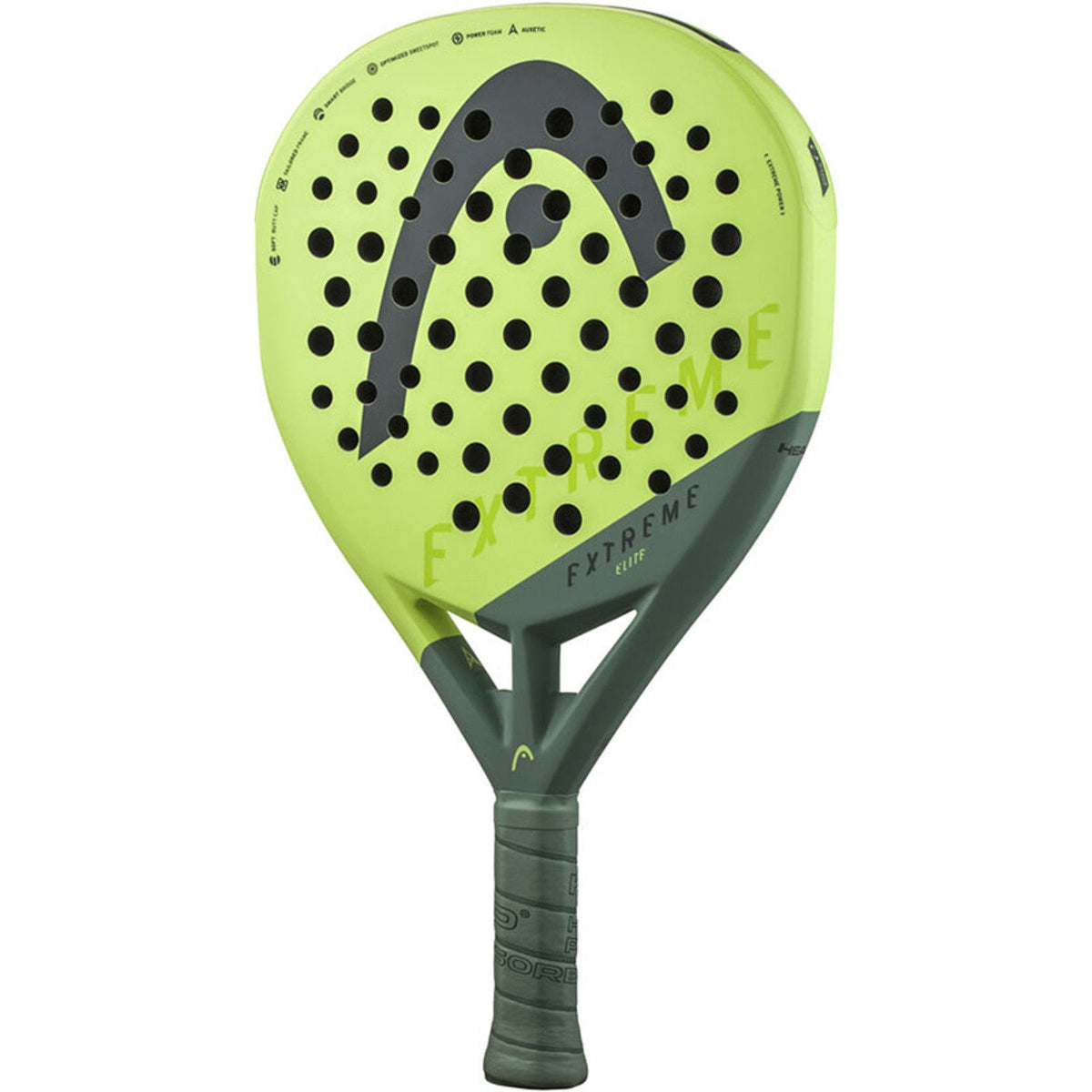 Head Extreme Elite 2023 padelracket schuin vooraanzicht, diamantvorm in limegroen met grijs
