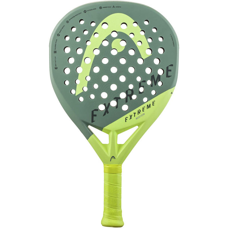 Head Extreme Motion 2023 padelracket in grijsgroen met limegroen Head-logo, vooraanzicht