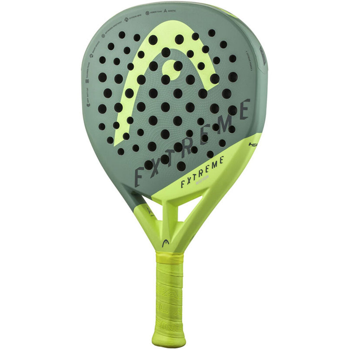 Head Extreme Motion 2023 padelracket schuin vooraanzicht, diamantvorm in grijs met limegroen