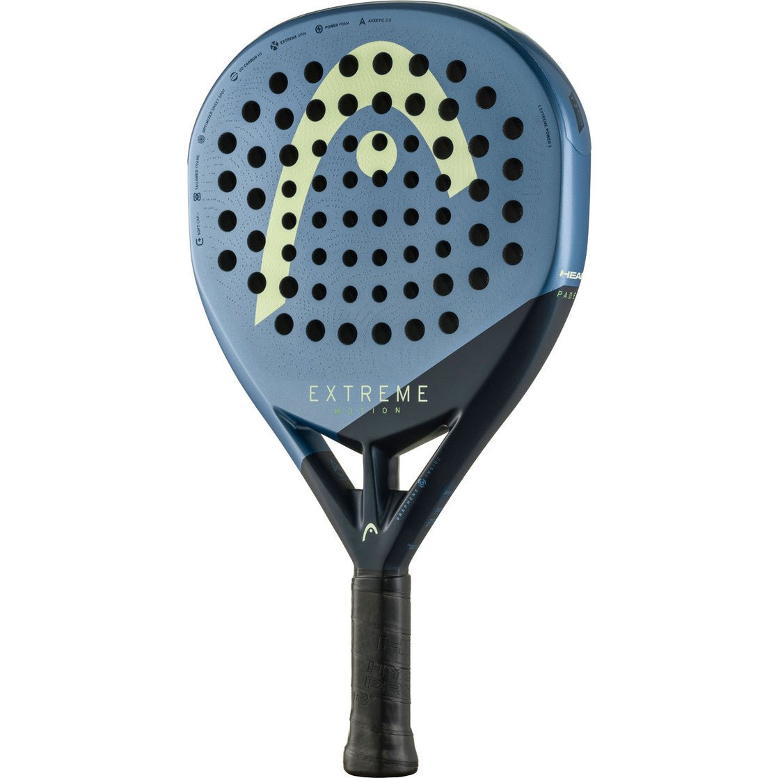 HEAD Extreme Motion 2025 padelracket schuin vooraanzicht, diamantvorm in blauw met mintgroen