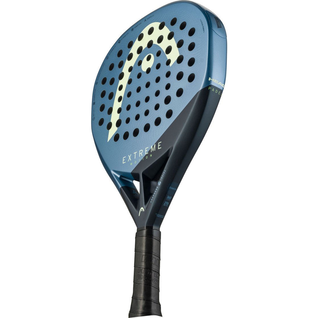 HEAD Extreme Motion 2025 gekanteld met Extreme-opdruk onder het blauwe slagvlak