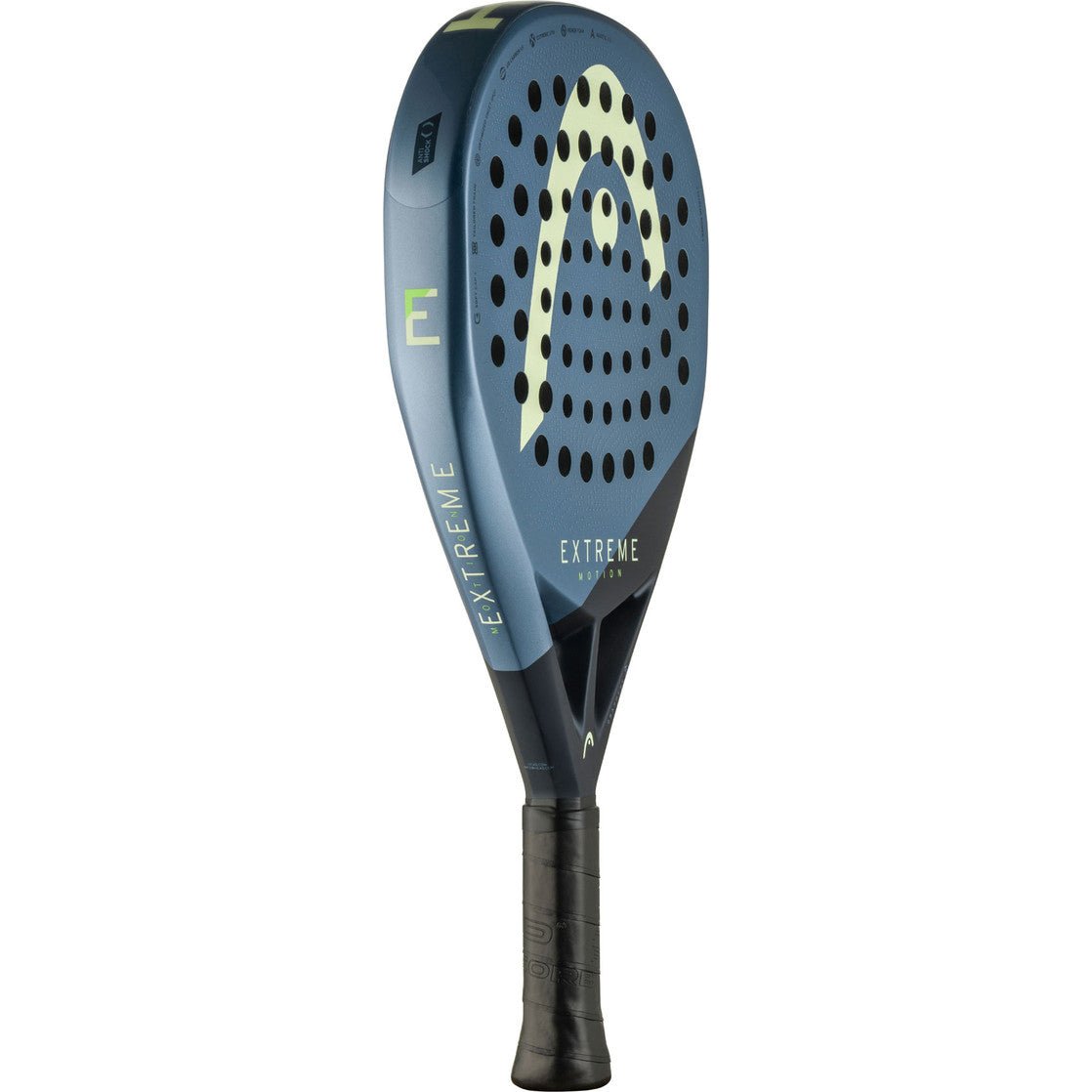 HEAD Extreme Motion 2025 bijna op zijkant met zicht op het blauwe frame en zwarte grip