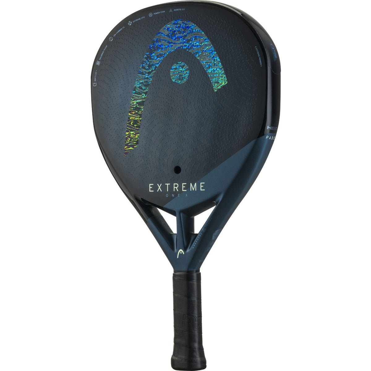 Head Extreme One X 2025 vooraanzicht met blauw-geel verlopend logo op het slagvlak