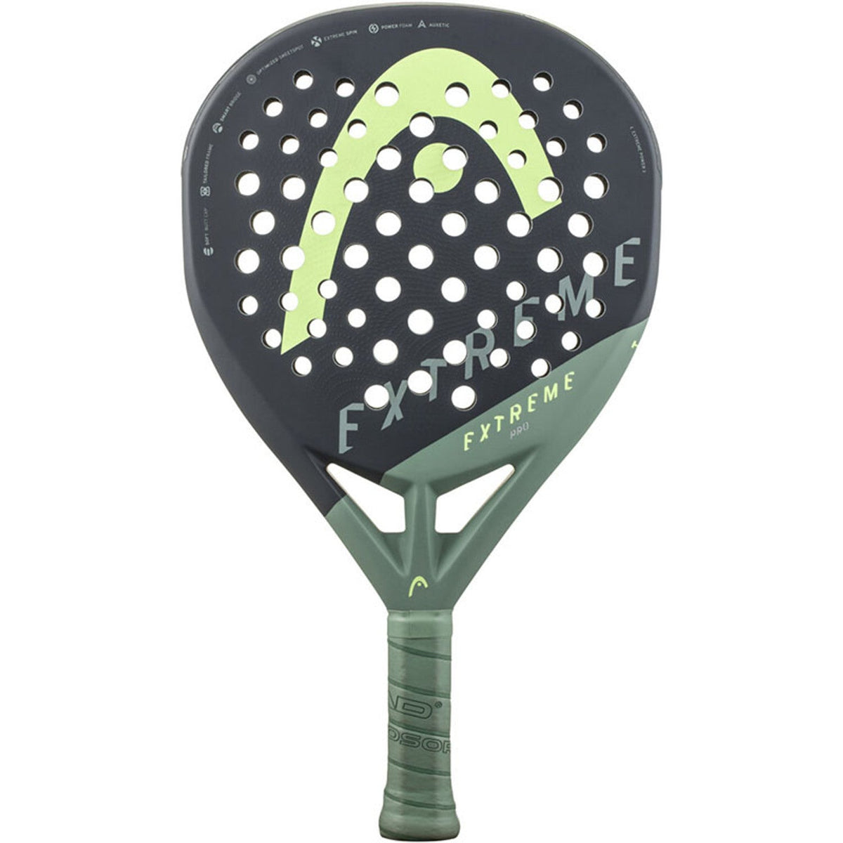 Head Extreme Pro 2023 padelracket in donkergrijs met limegroen Head-logo, vooraanzicht
