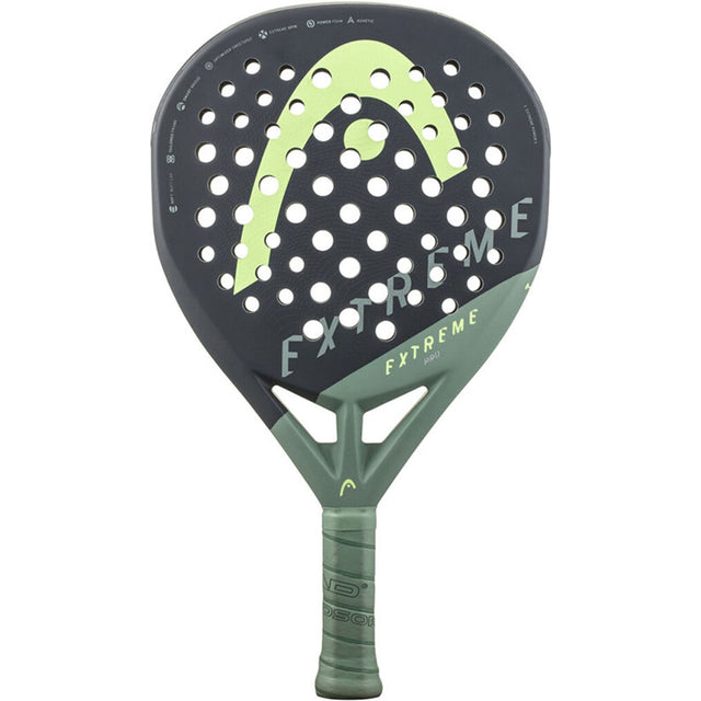 Head Extreme Pro 2023 padelracket in donkergrijs met limegroen Head-logo, vooraanzicht