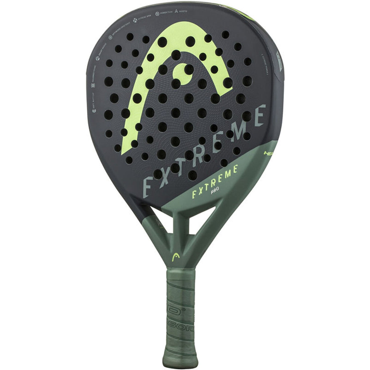 Head Extreme Pro 2023 padelracket schuin vooraanzicht, diamantvorm in donkergrijs met limegroen