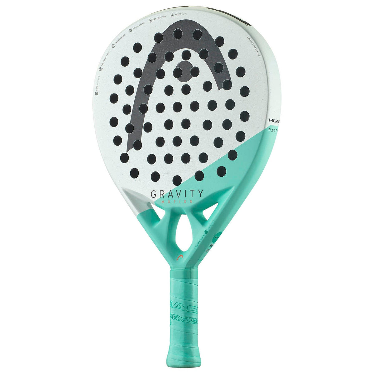 Head Gravity Motion 2024 padelracket schuin vooraanzicht, ronde vorm in wit met turquoise