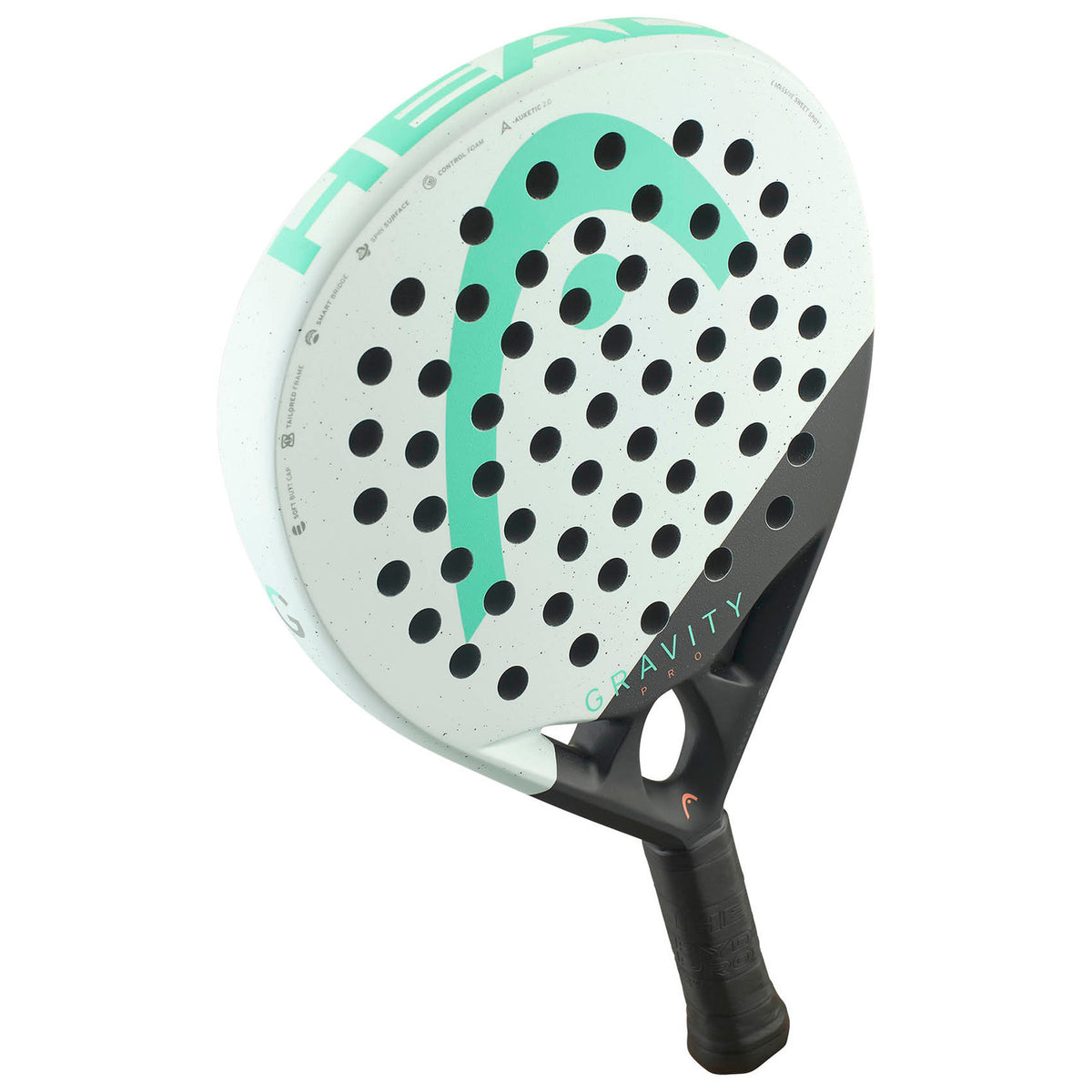 Head Gravity Pro 2024 padelracket schuin liggend met mintgroen HEAD-logo