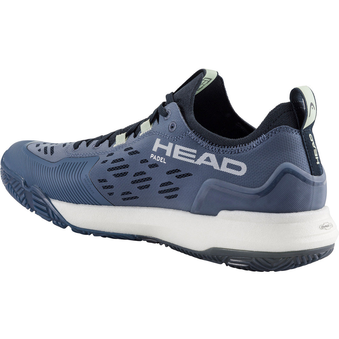 Schuin achteraanzicht van de grijsblauwe Head Motion Pro 1.5 met witte tussenzool