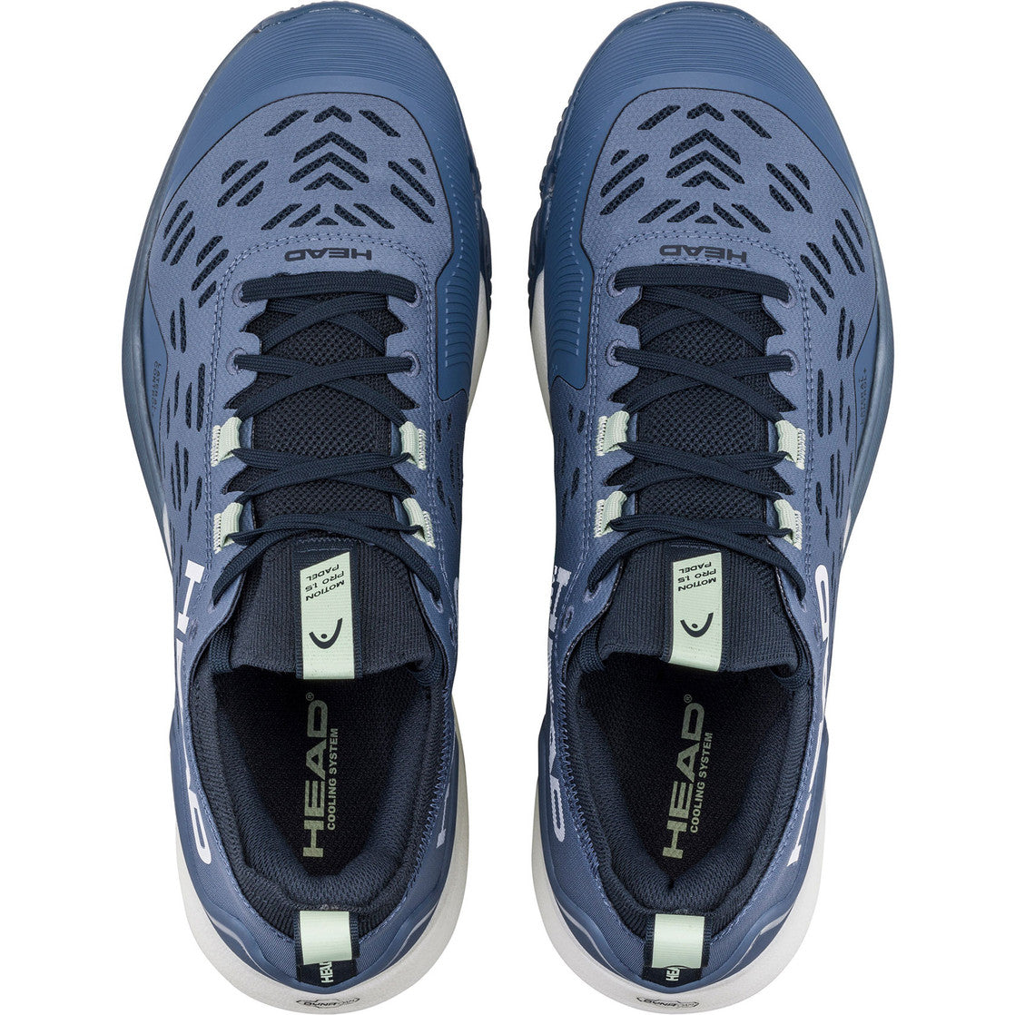 Bovenaanzicht van een paar grijsblauwe Head Motion Pro 1.5 padelschoenen