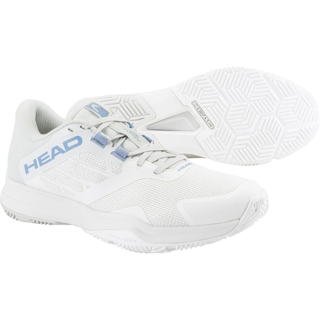 Witte Head Motion Team 1.5 W met zicht op de zool en lichtblauw logo