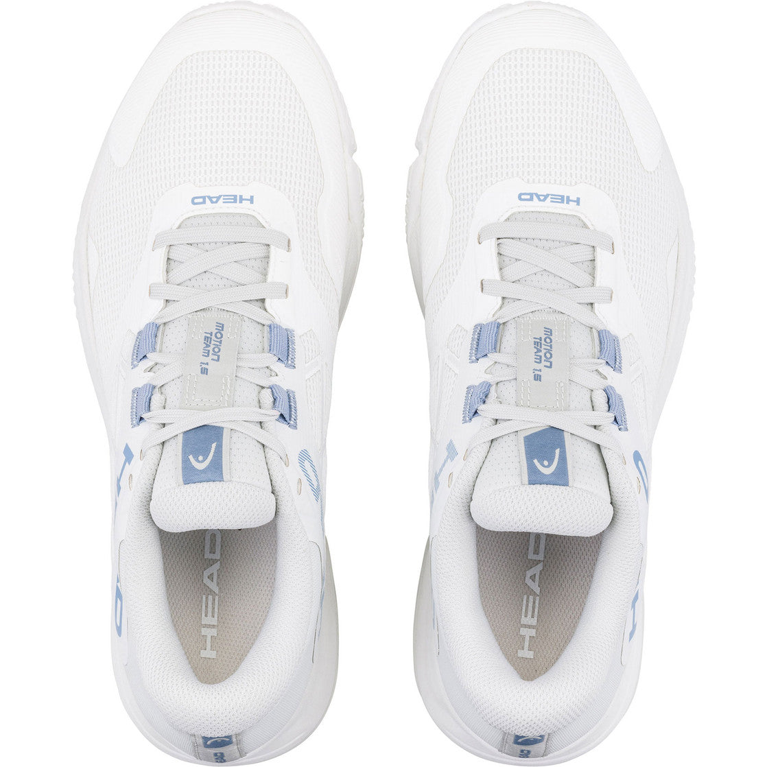 Bovenaanzicht van een paar witte Head Motion Team 1.5 W met blauwe details