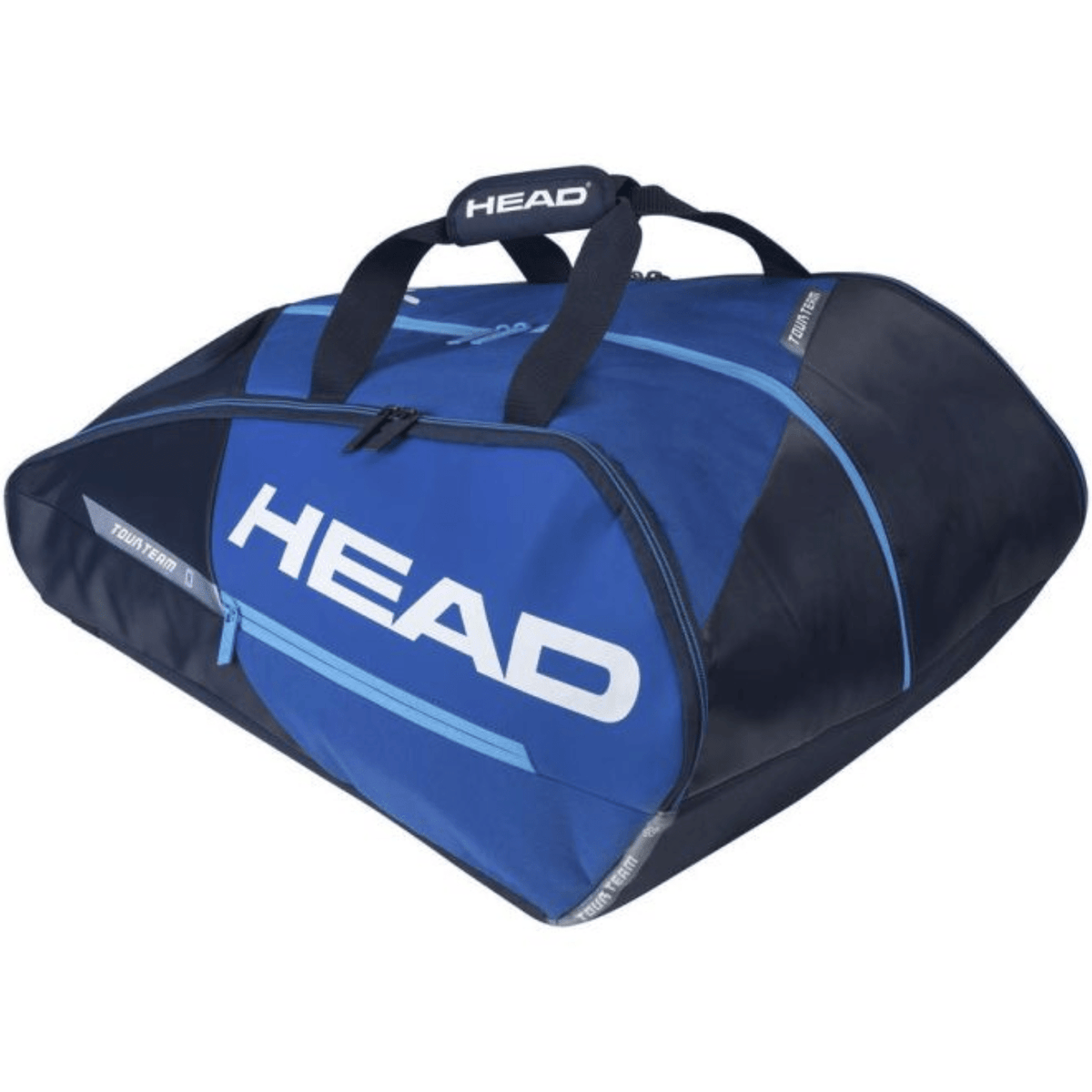 Zijaanzicht van de blauwe Head Monstercombi padeltas met donkerblauwe vlakken en wit logo