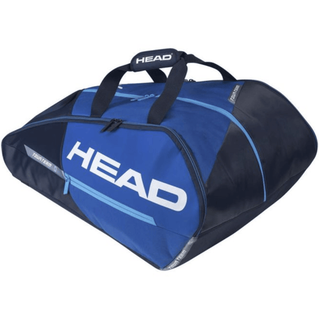 Zijaanzicht van de blauwe Head Monstercombi padeltas met donkerblauwe vlakken en wit logo