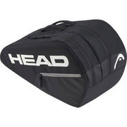 Zijaanzicht van de zwarte Head Base M racketbag met groot wit Head-logo en grijze rits
