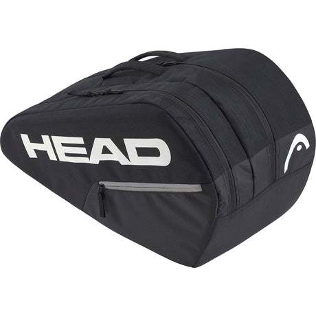 Zijaanzicht van de zwarte Head Base M racketbag met groot wit Head-logo en grijze rits