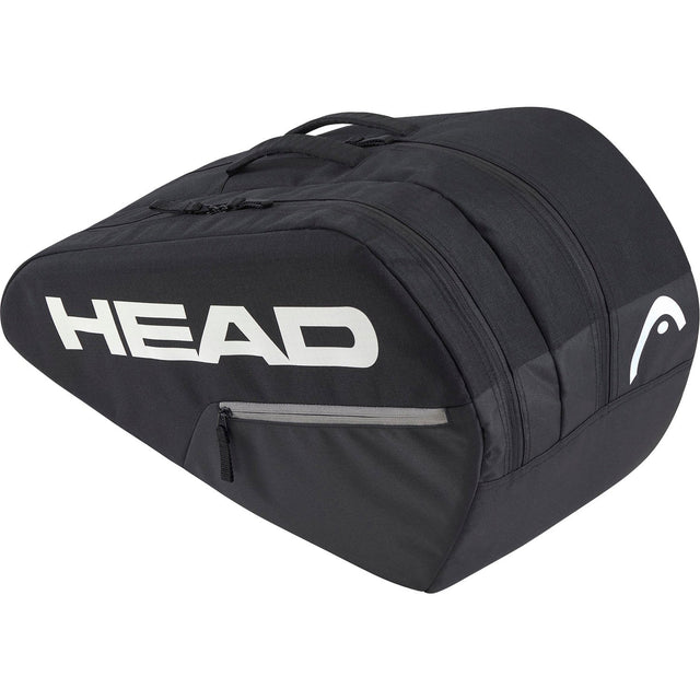 Zijaanzicht van de zwarte Head Base M racketbag met groot wit Head-logo en grijze rits