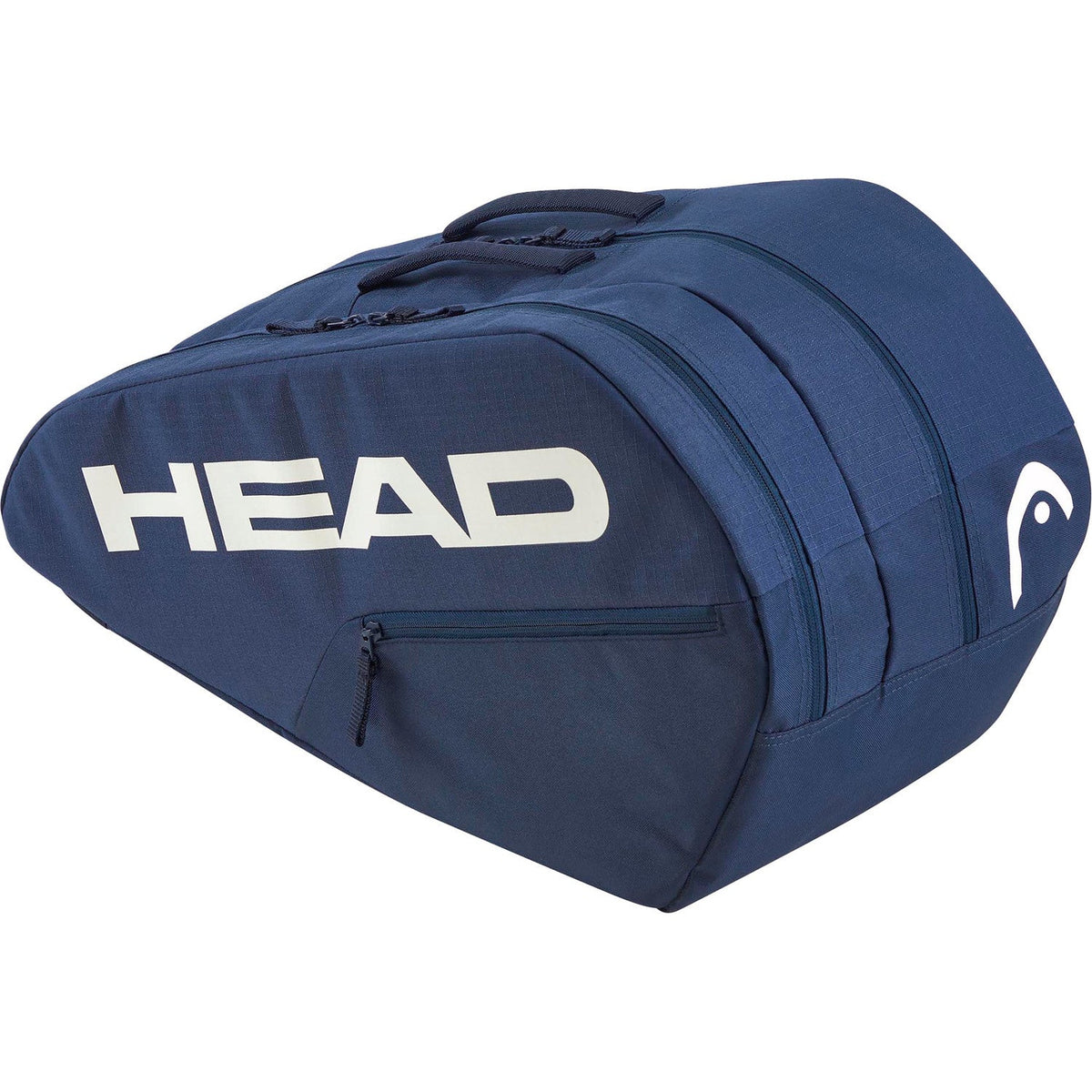 Zijaanzicht van de donkerblauwe Head Base M racketbag met wit logo en voorvakrits