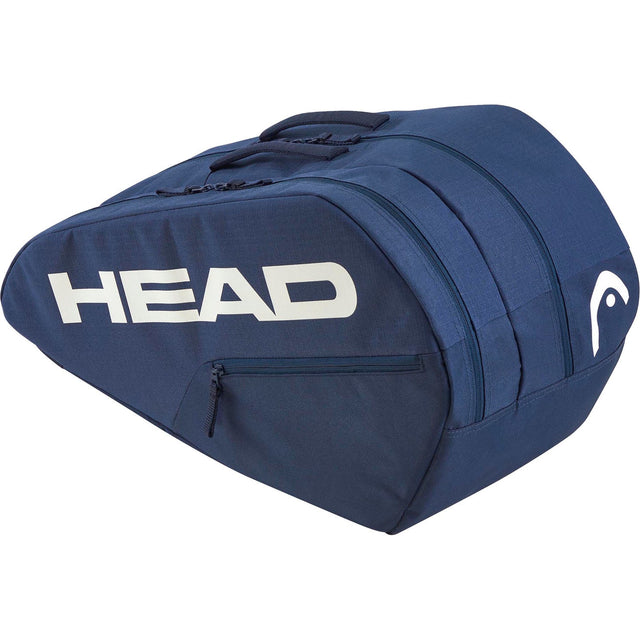 Zijaanzicht van de donkerblauwe Head Base M racketbag met wit logo en voorvakrits